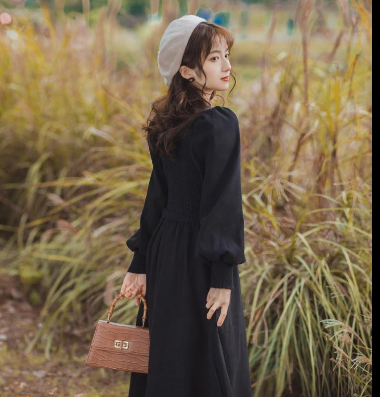 Retro-colored French girly puff free dress