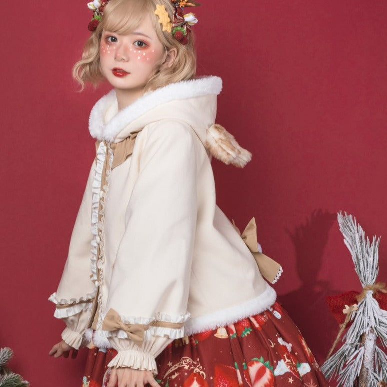 Reindeer style hooded boa ribbon short coat