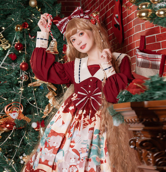 Santa Bear Print Christmas Color Lolita Dress