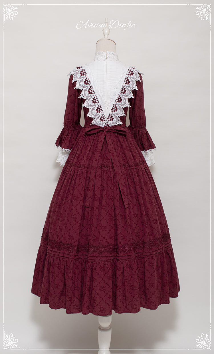 Classical cotton-jacquard lace stand-collar dress