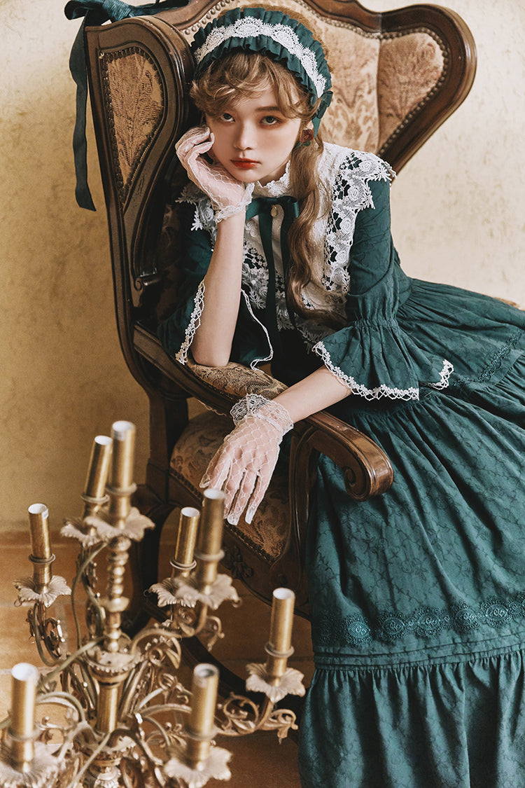 Classical cotton-jacquard lace stand-collar dress