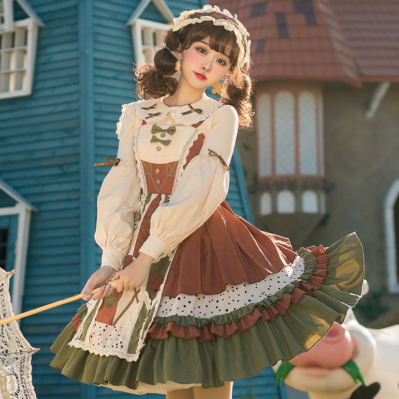 【予約販売】牧歌風 ステッチデザイン ロリータ ジャンパースカートヘッドドレス付