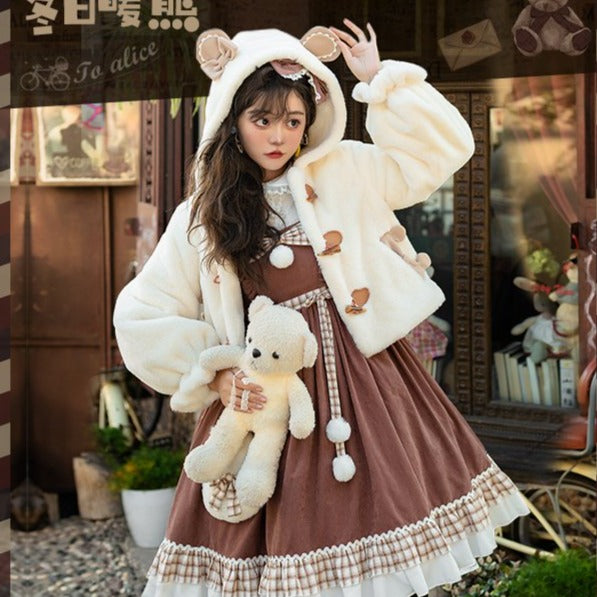 Fluffy short coat with milk-colored bear ears
