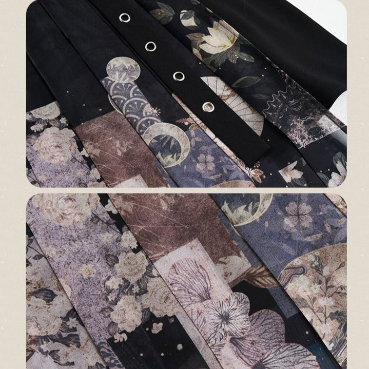 Moonlight flower Japanese style print pleated skirt Japanese loli