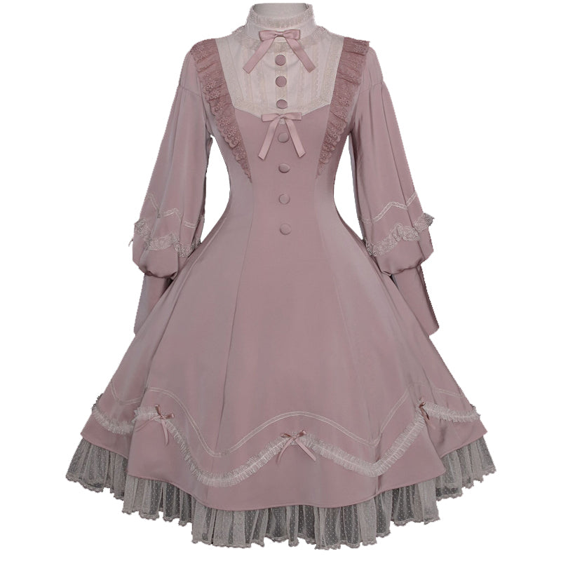 レースとフリルのスタンドカラー クラシカルワンピース