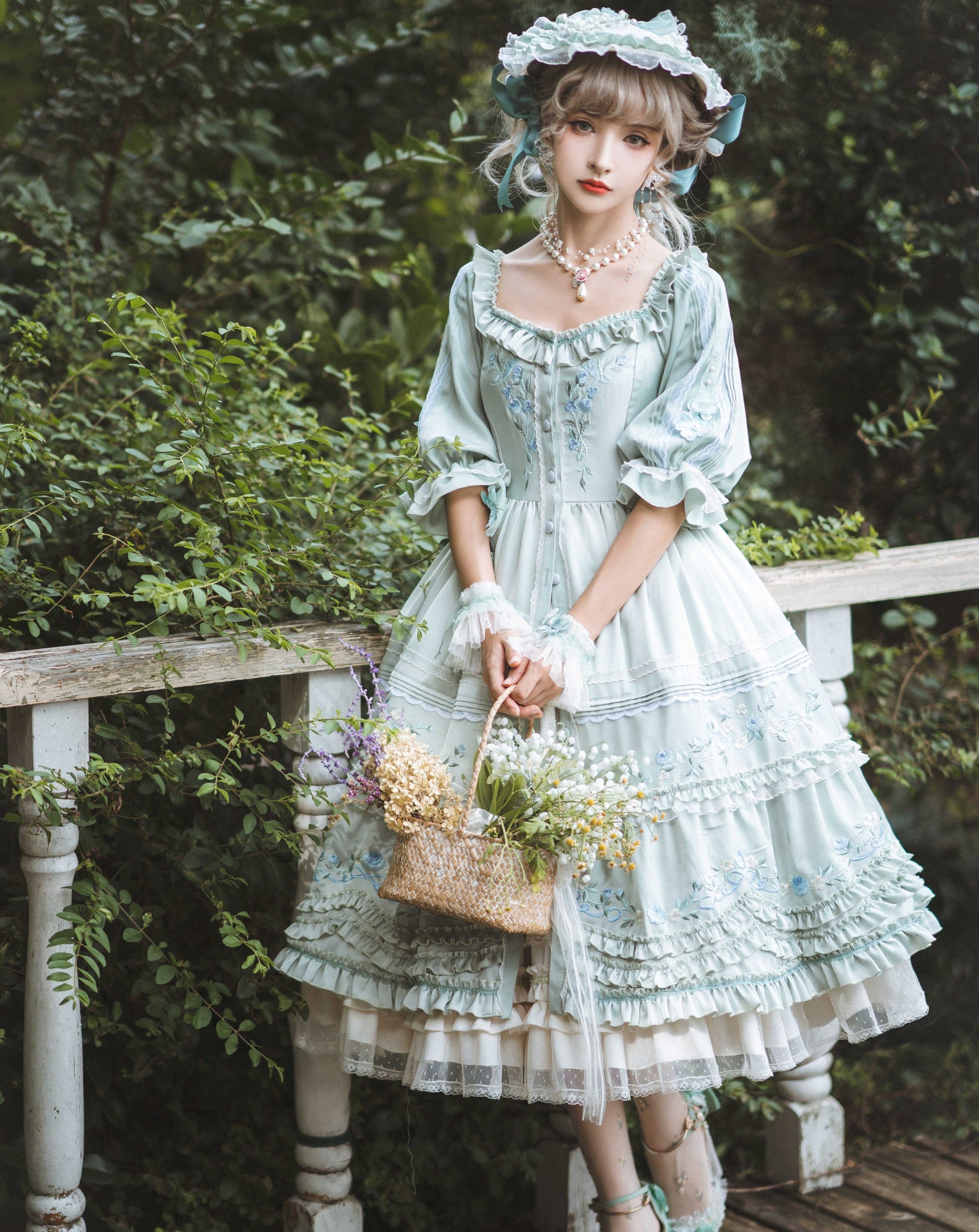 Rose embroidery garden princess dress full set