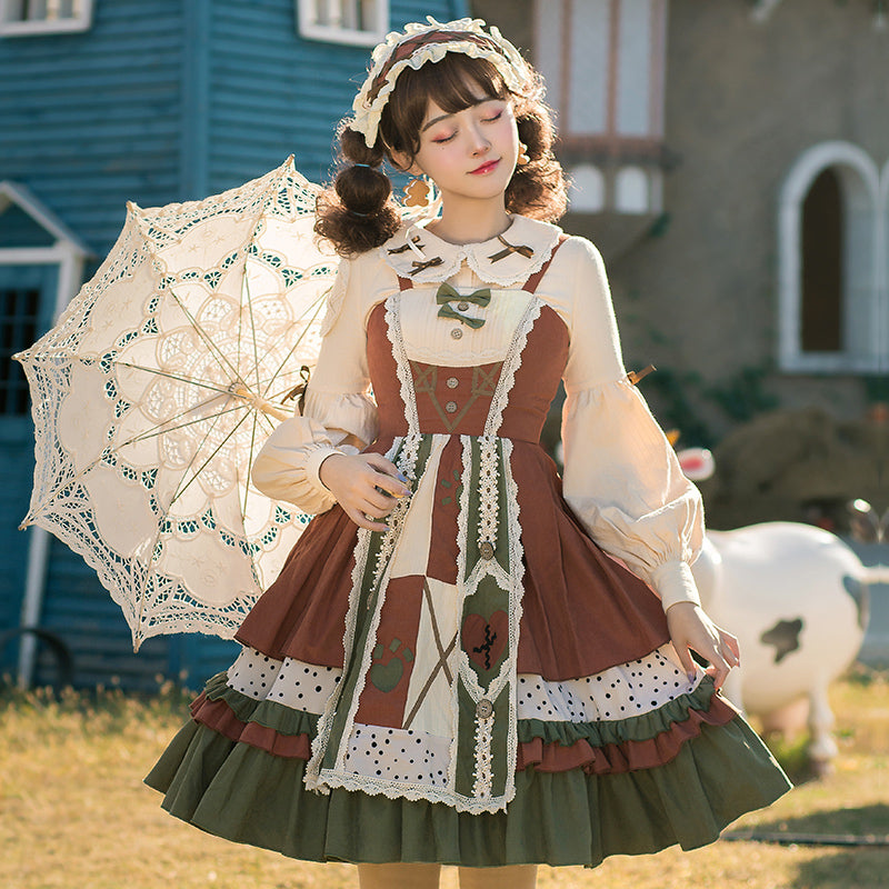 【予約販売】牧歌風 ステッチデザイン ロリータ ジャンパースカートヘッドドレス付