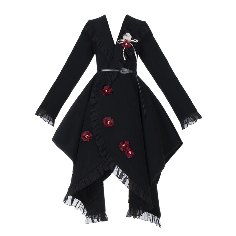 Irregular hem frill coat with belt