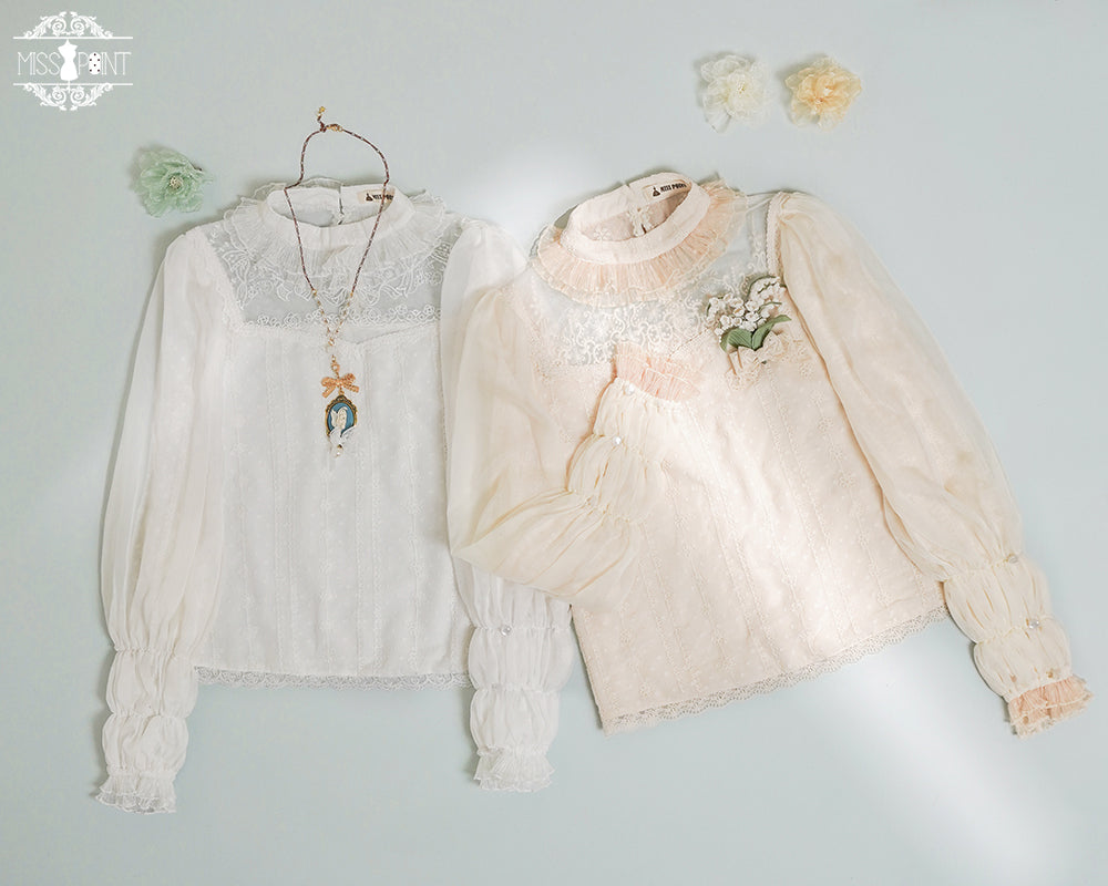 [Pre-order] Lily of the Valley Flower Embroidered High Neck Frill Blouse [20% off when purchased together]