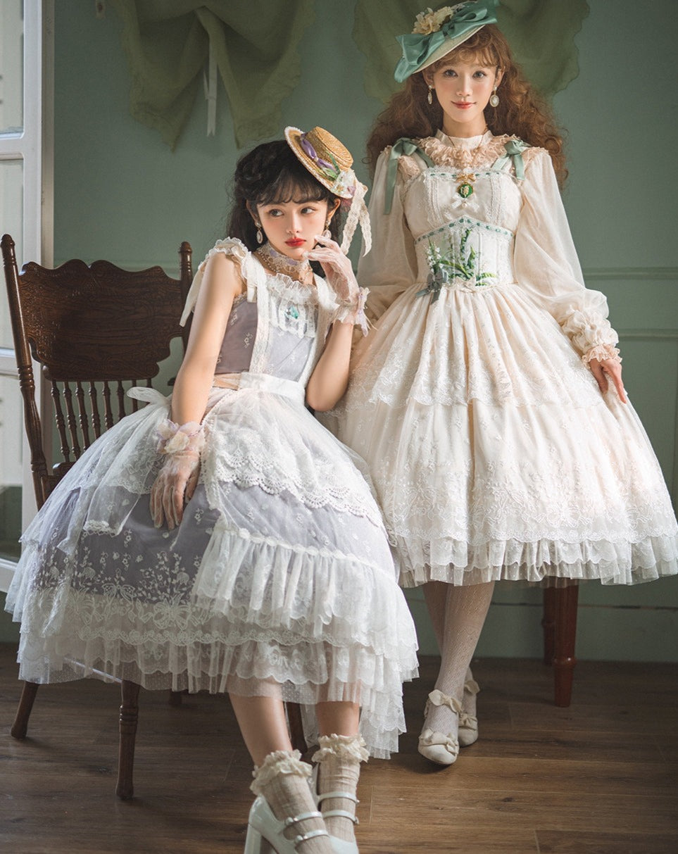Suzuran flower embroidery layered jumper skirt