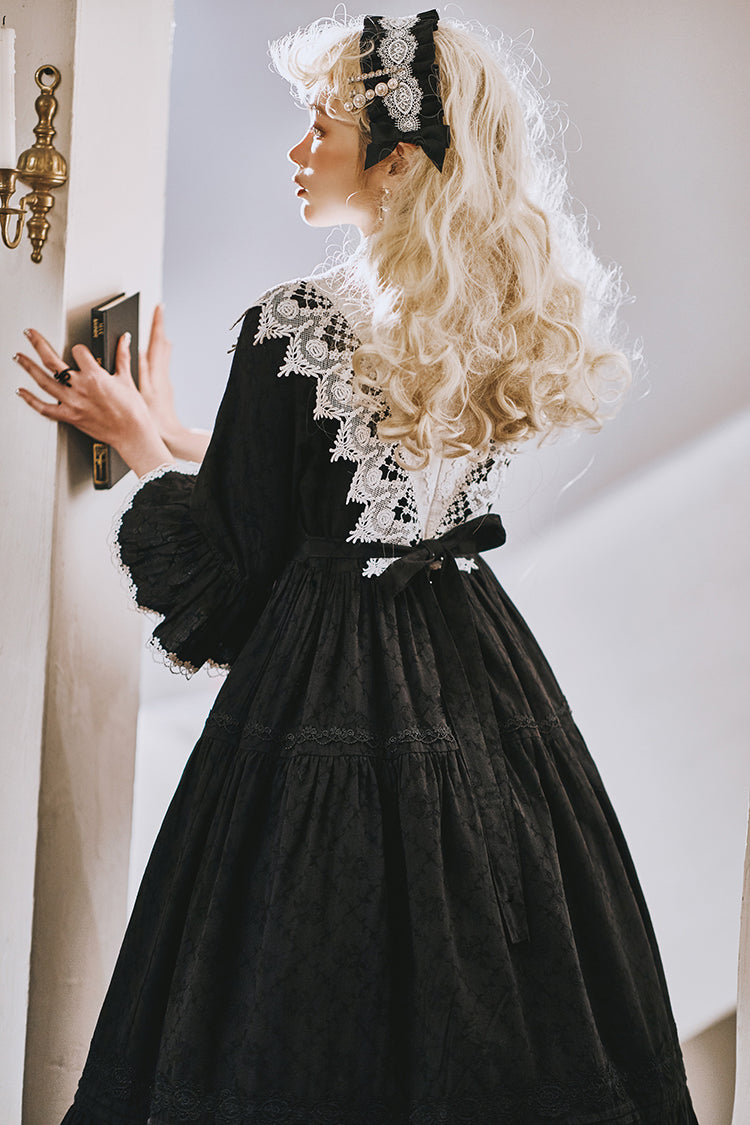 Classical cotton-jacquard lace stand-collar dress