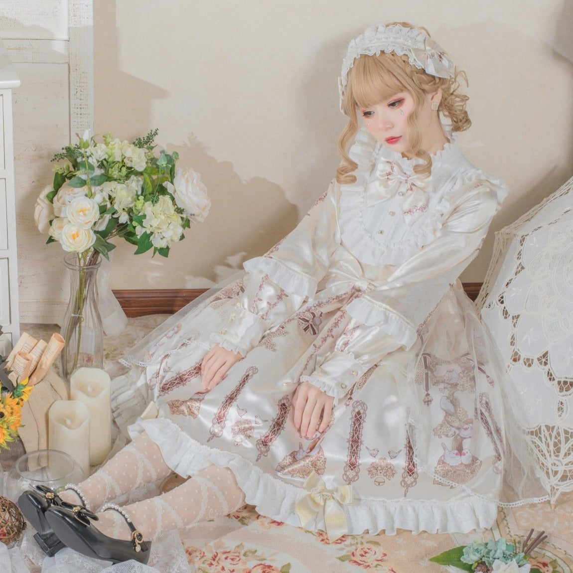 【セット販売】小鳥と花のクリームドレス パニエ ヘッドドレス