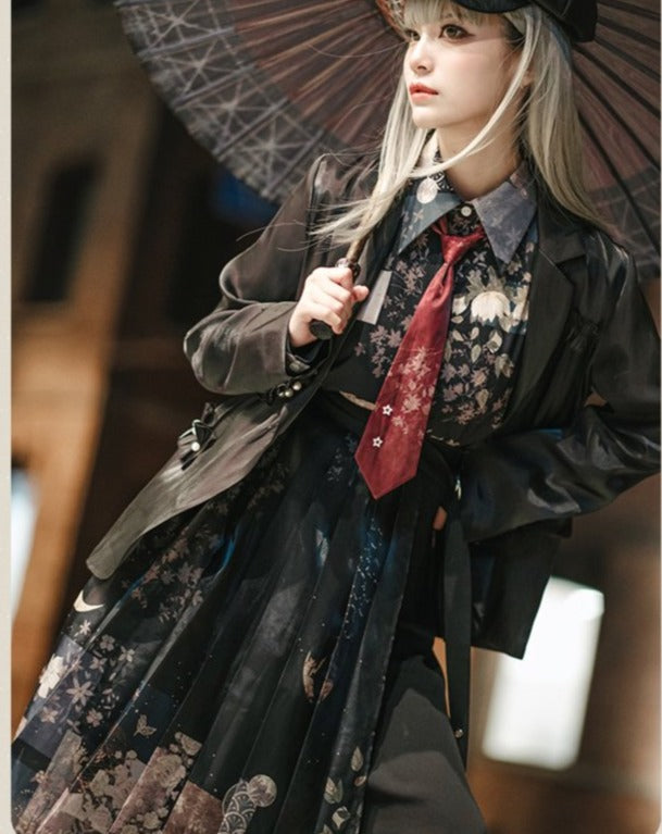 Moonlight flower Japanese style print pleated skirt Japanese loli