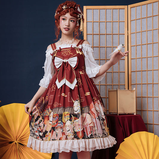 浮世絵風ワインレッドドレス - ロリータファッション通販RonRon