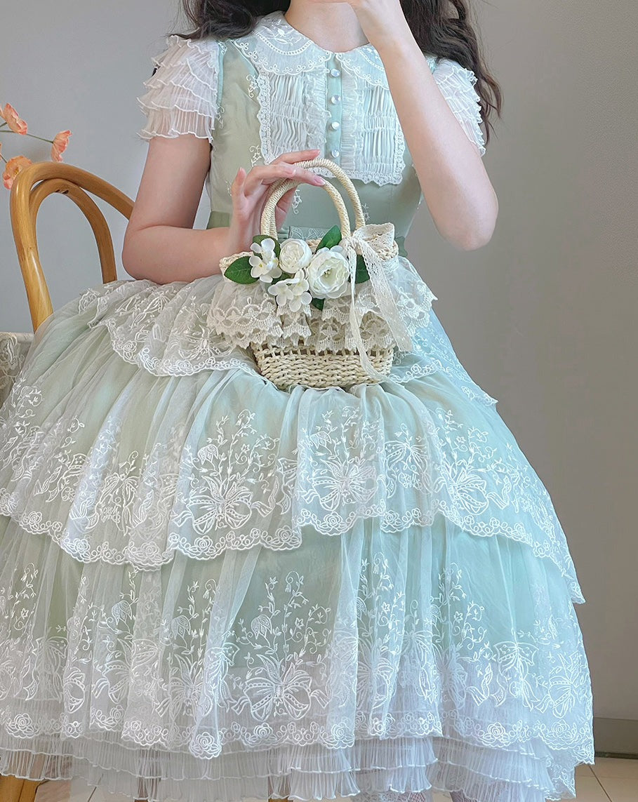 [Pre-order] Lily of the Valley Flower Embroidered Three-Tier Lace Dress (Mid-Length)