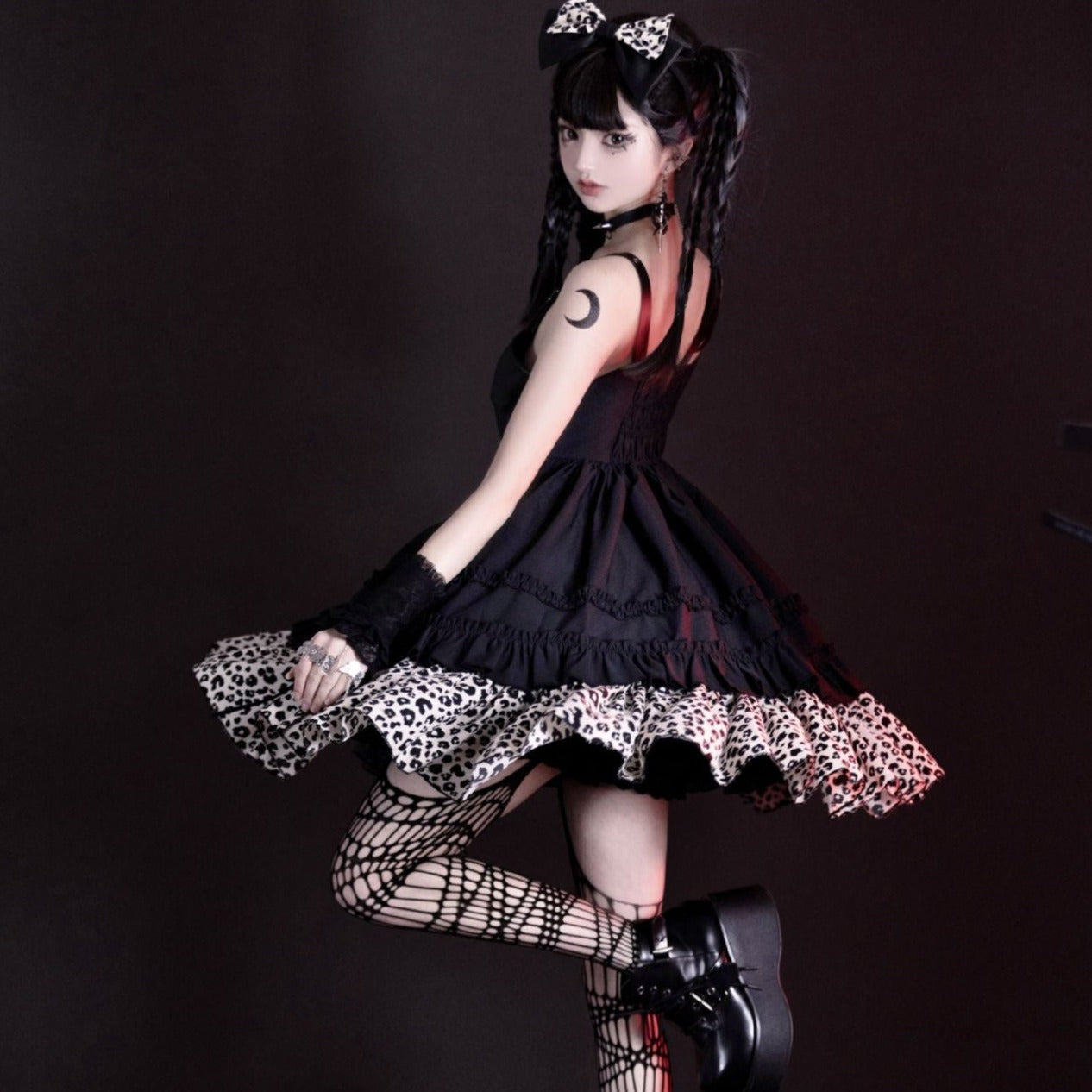 Big Ribbon Gothic Lolita Leopard Jumper Skirt and Headband