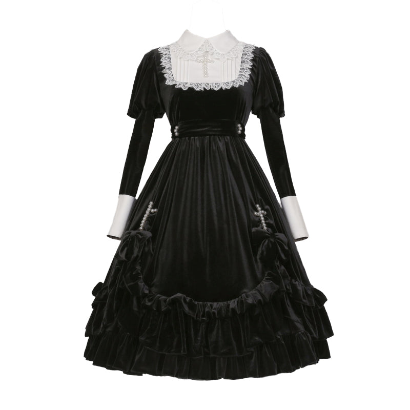 Black velvet pearl cloth dress