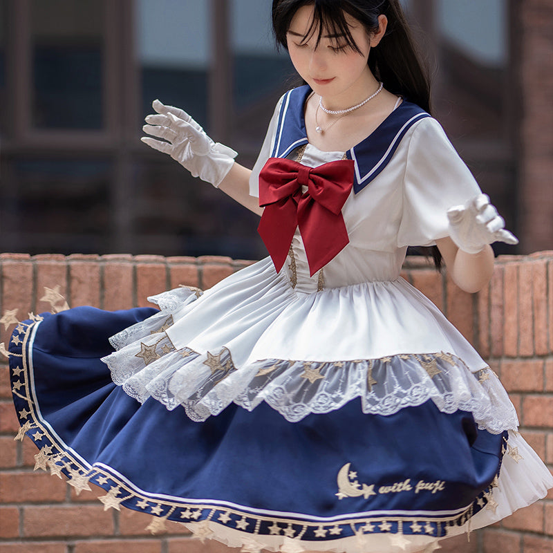 [Sold Out] Sailor Suit Lolita Dress with Embroidered Stars and Moon