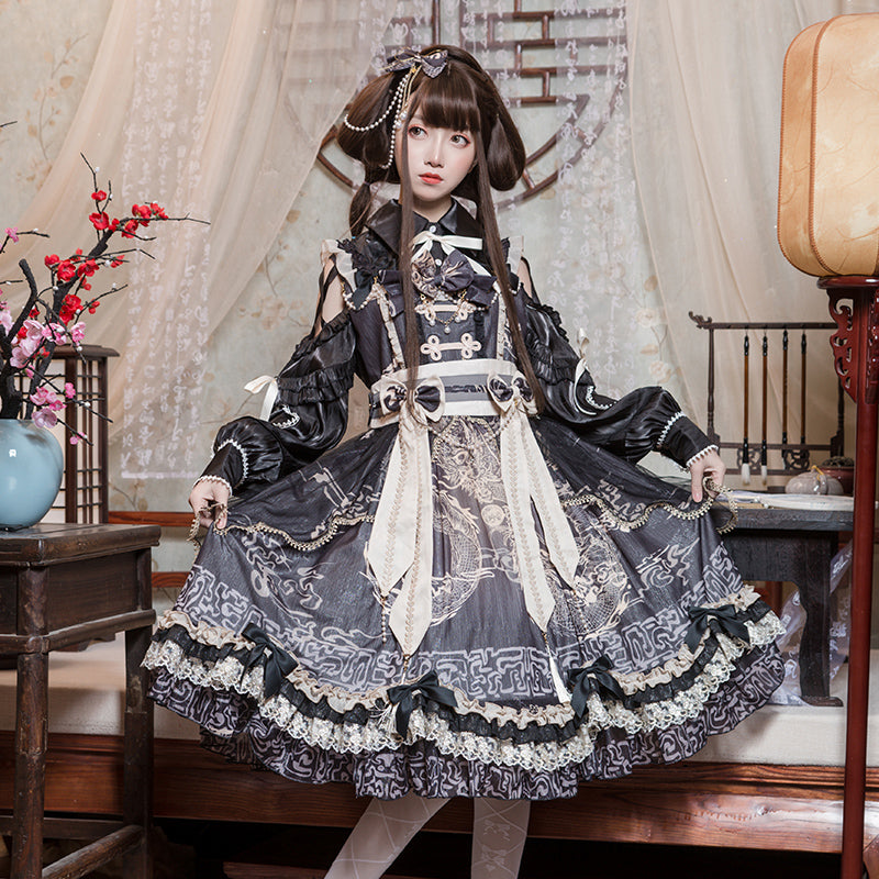 Dragon Dream Flower Lolita Jumper Skirt with Hair Accessory