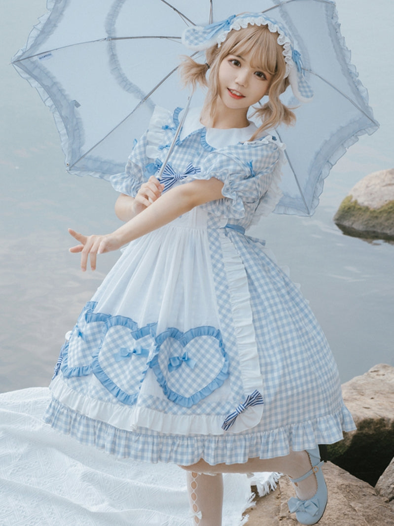 Refreshing Blue Gingham Check Short Sleeve Lolita Dress