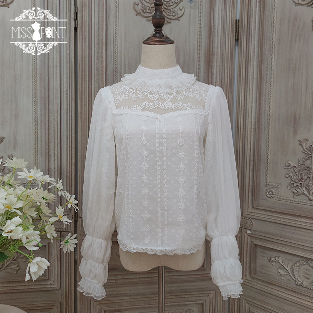 [Pre-order] Lily of the Valley Flower Embroidered High Neck Frill Blouse [20% off when purchased together]