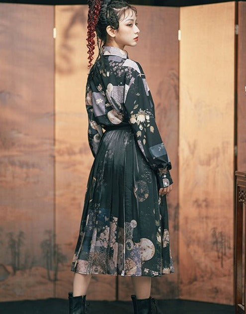 Moonlight flower Japanese style print pleated skirt Japanese loli