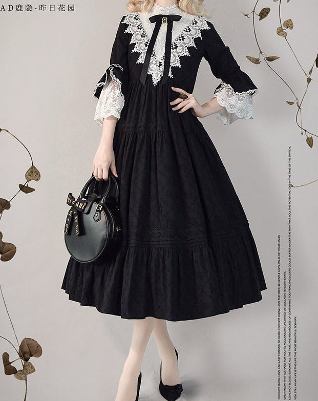 Classical cotton-jacquard lace stand-collar dress