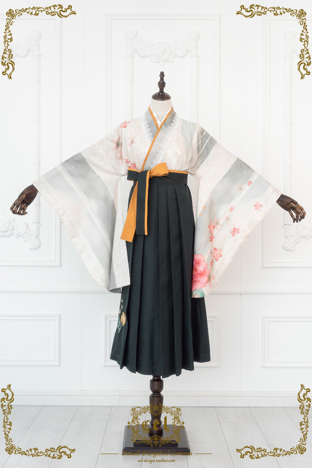 Camellia flower embroidery and butterfly hakama skirt