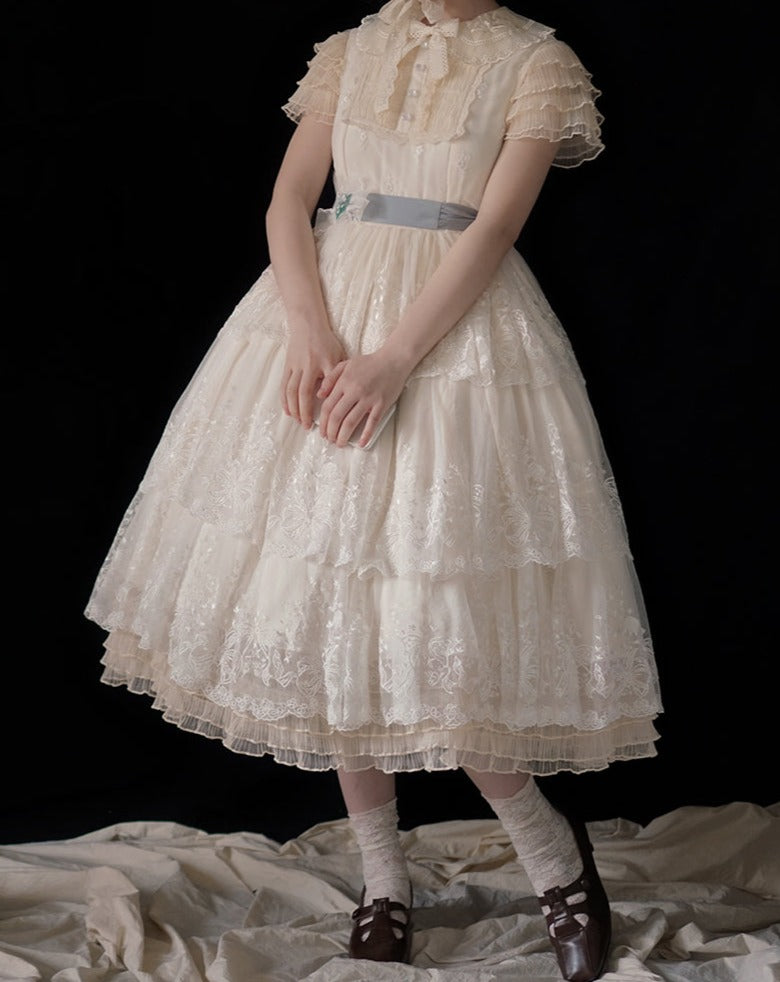[Pre-order] Lily of the Valley Flower Embroidered Three-Tier Lace Dress (Mid-Length)