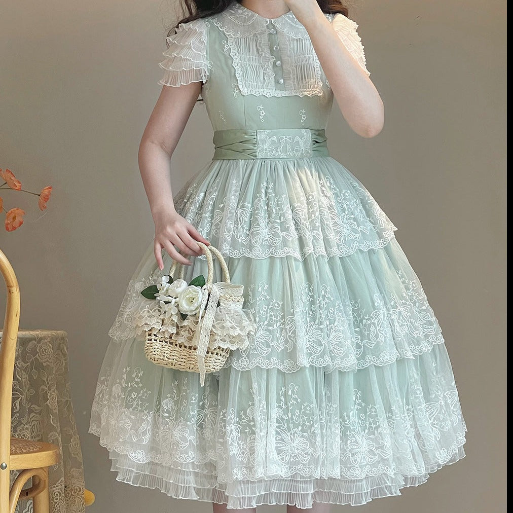 [Pre-order] Lily of the Valley Flower Embroidered Three-Tier Lace Dress (Mid-Length)