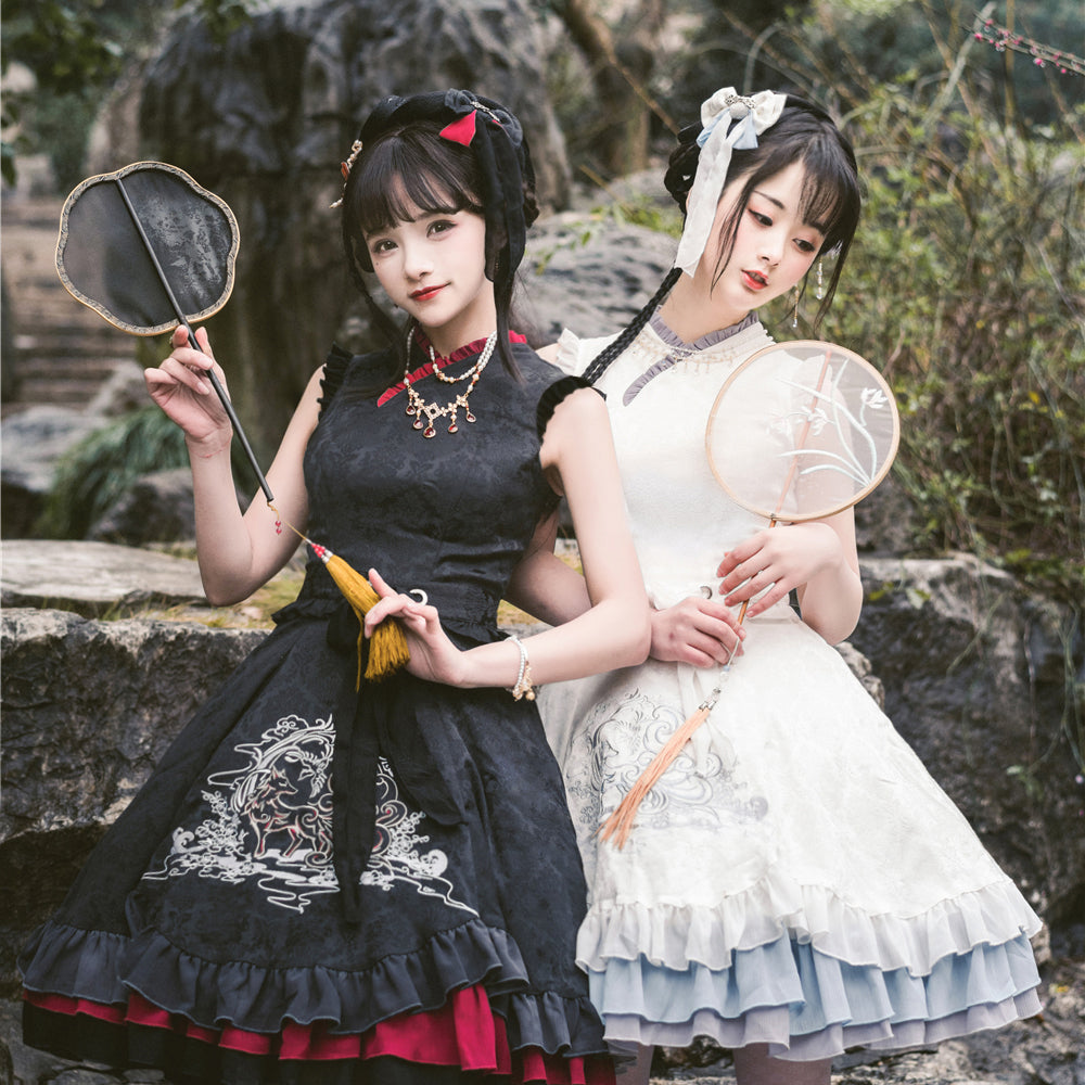 Nine-Tailed Fox Flower Lolita Jumper Skirt with Cloak and Hair Accessory