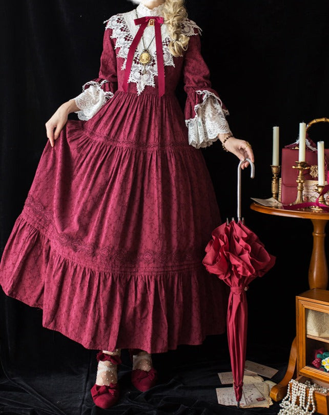 Classical cotton-jacquard lace stand-collar dress