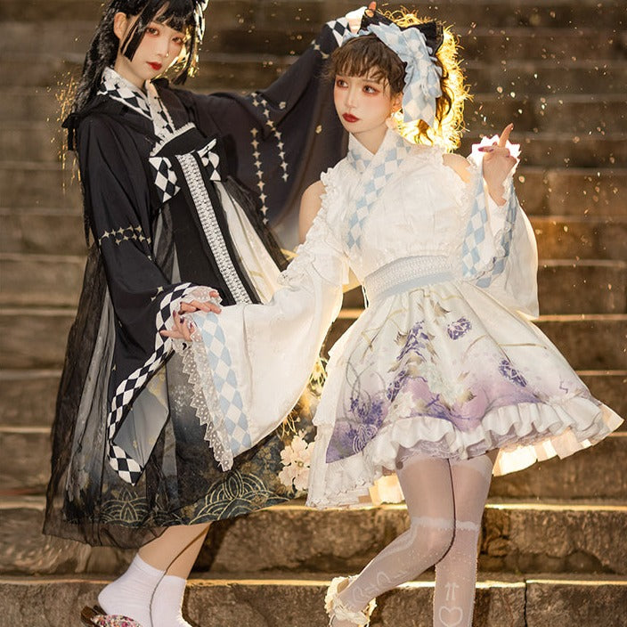 Japanese loli flower pattern white mini dress with headdress