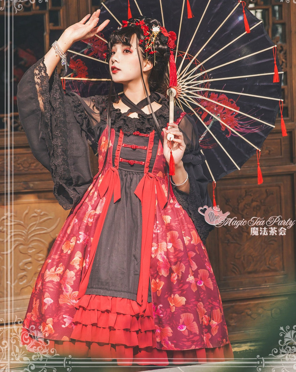 Yumemiru Goldfish Flower Lolita Jumper Skirt with Hair Accessory