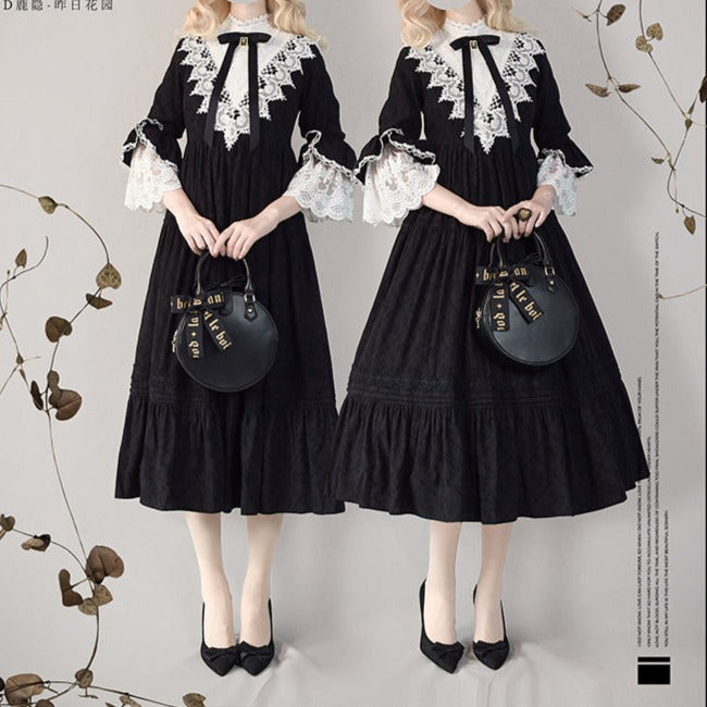 Classical cotton-jacquard lace stand-collar dress