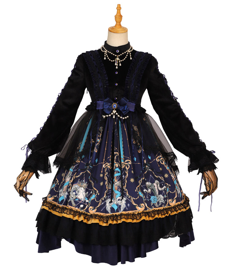 【予約販売】ゴシック 漆黒ネイビー レトロプリントスカート ロリータドレス