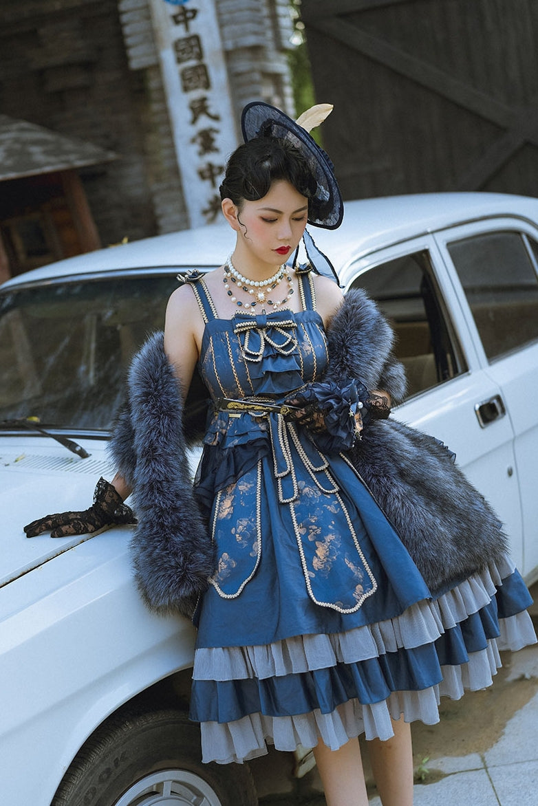 ダークブルー 三段レースボリュームドレス - ロリータファッション通販RonRon