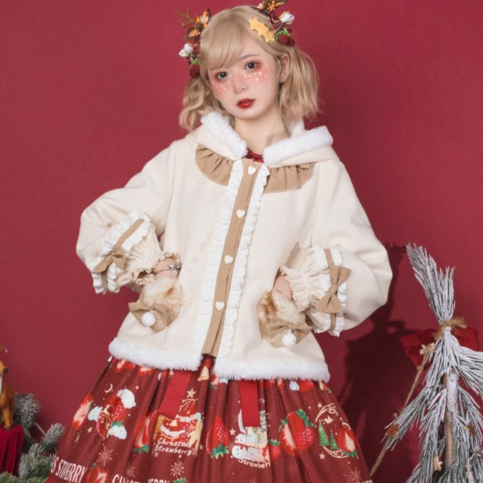 Reindeer style hooded boa ribbon short coat