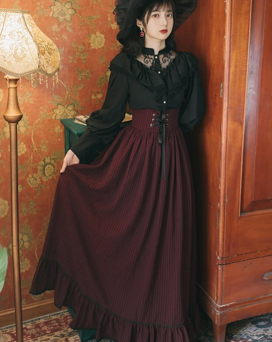 Elegant classical black blouse and long skirt setup