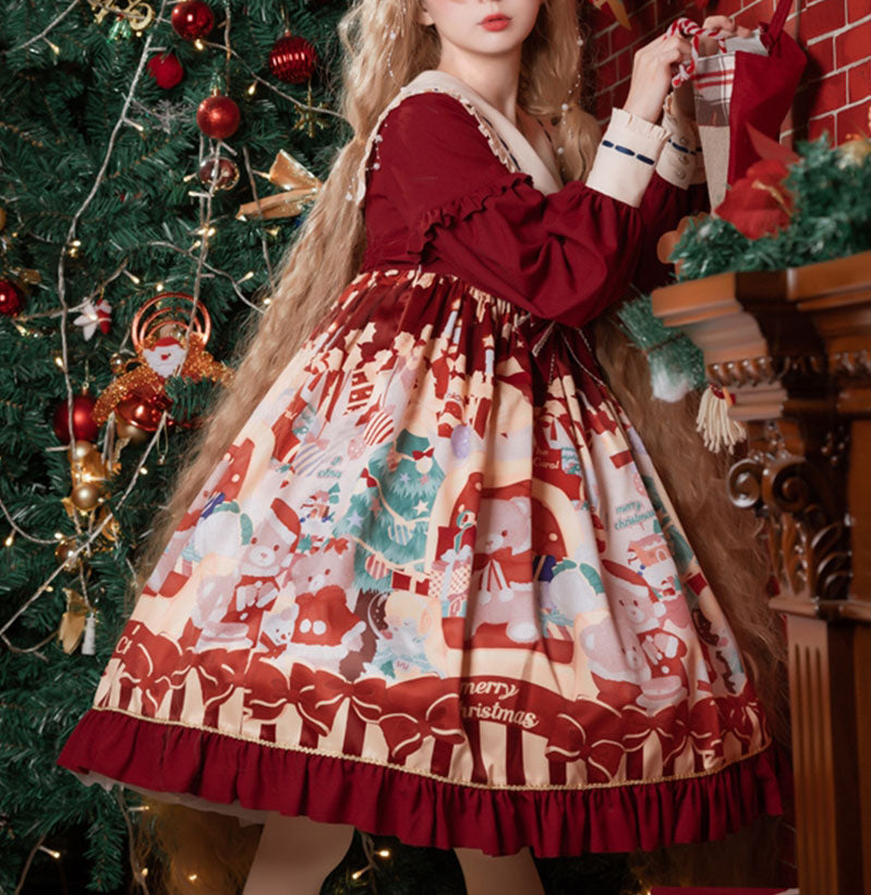 サンタベアープリント クリスマスカラーのロリータドレス