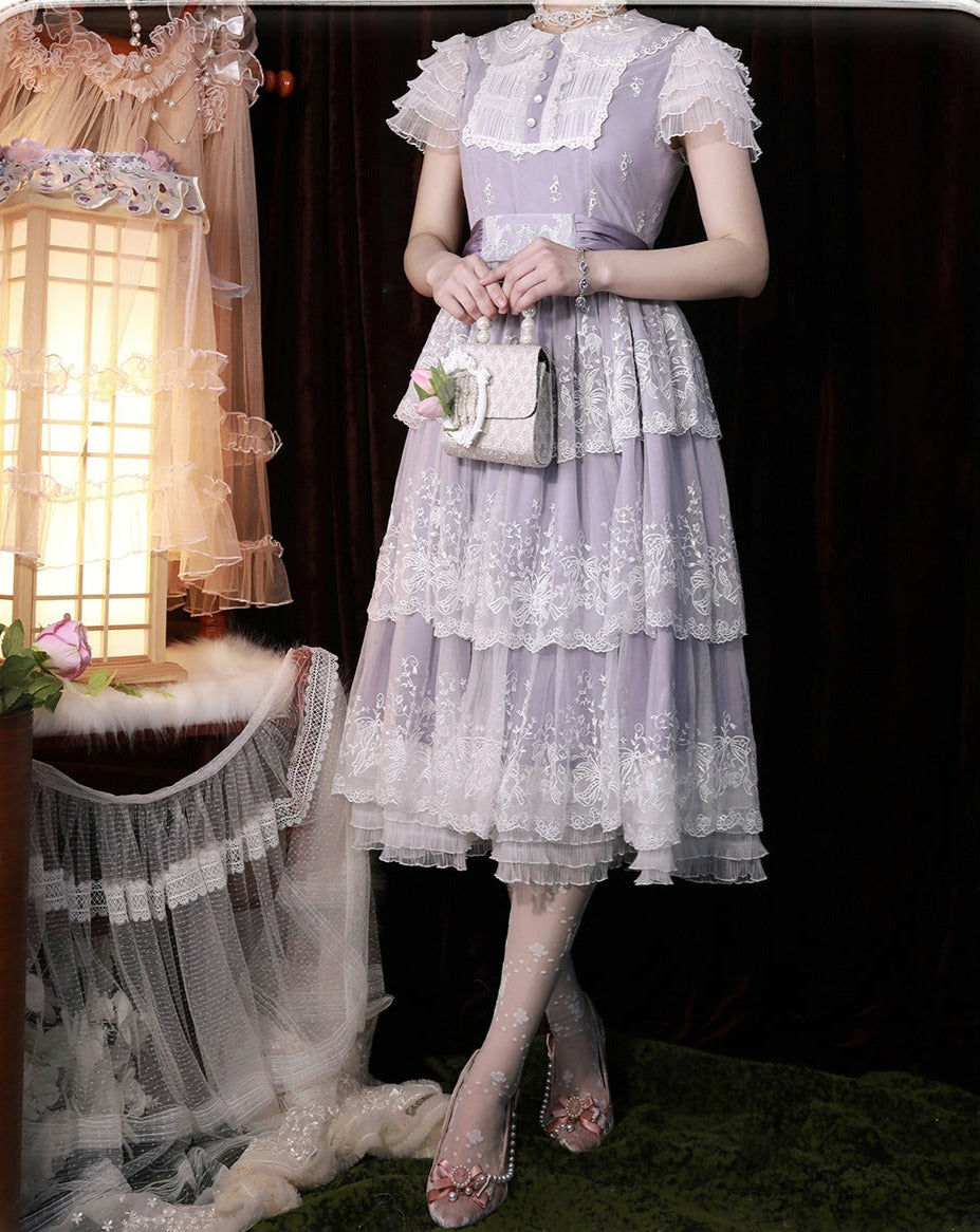[Pre-order] Lily of the Valley Flower Embroidered Three-Tier Lace Dress (Mid-Length)