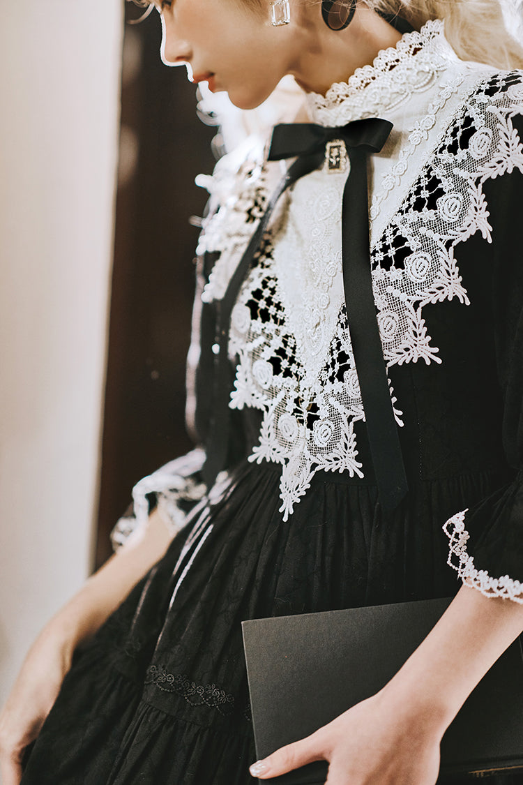 Classical cotton-jacquard lace stand-collar dress