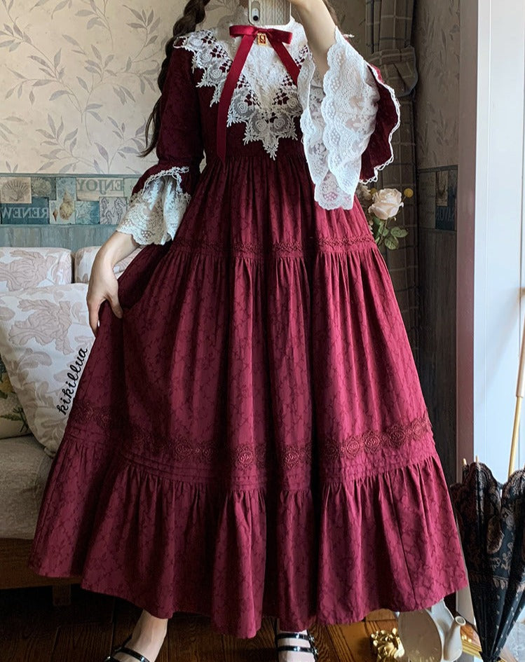Classical cotton-jacquard lace stand-collar dress