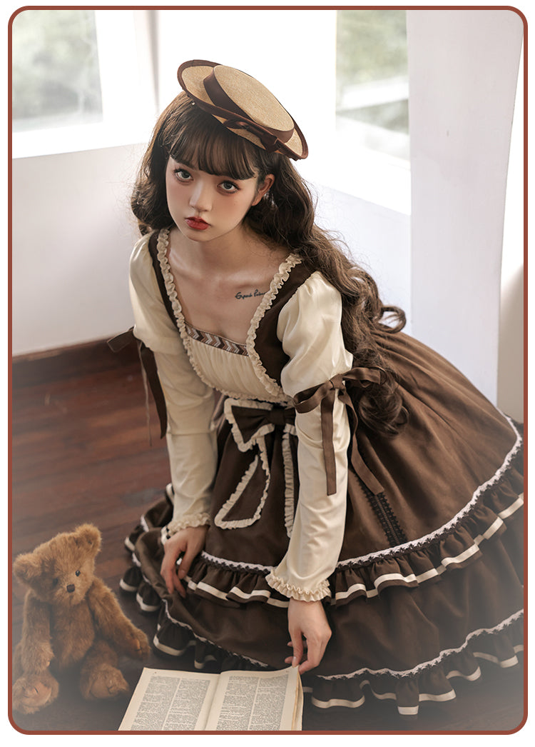 Misty Brown Different Material Mix Retro Doll Dress