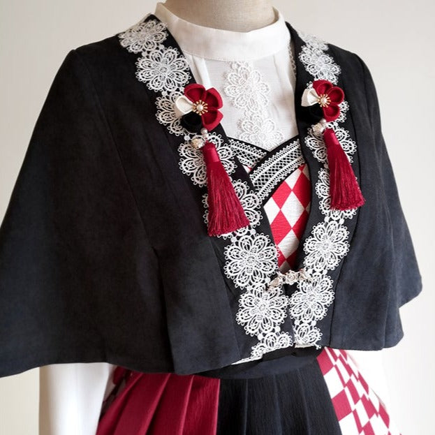 Taisho Roman Rhombic Lattice Japanese Lolita Jumper Skirt and Cloak Japanese Lolita
