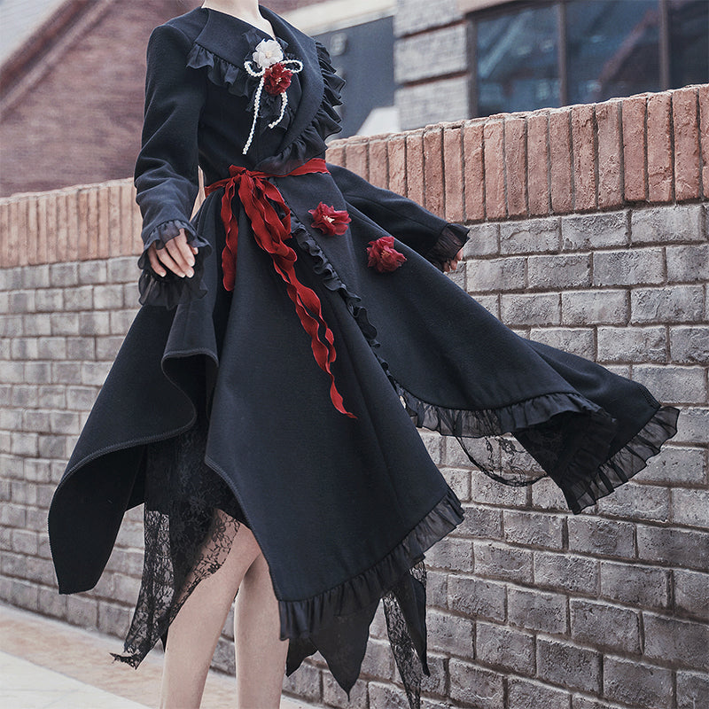 Irregular hem frill coat with belt