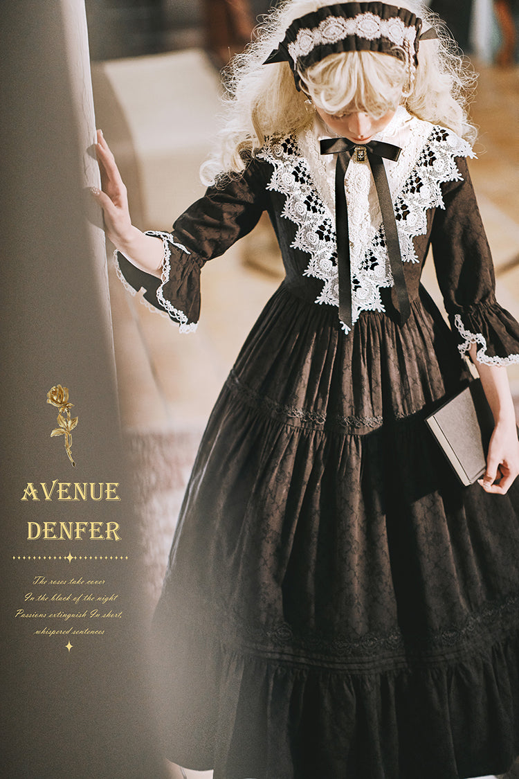 Classical cotton-jacquard lace stand-collar dress