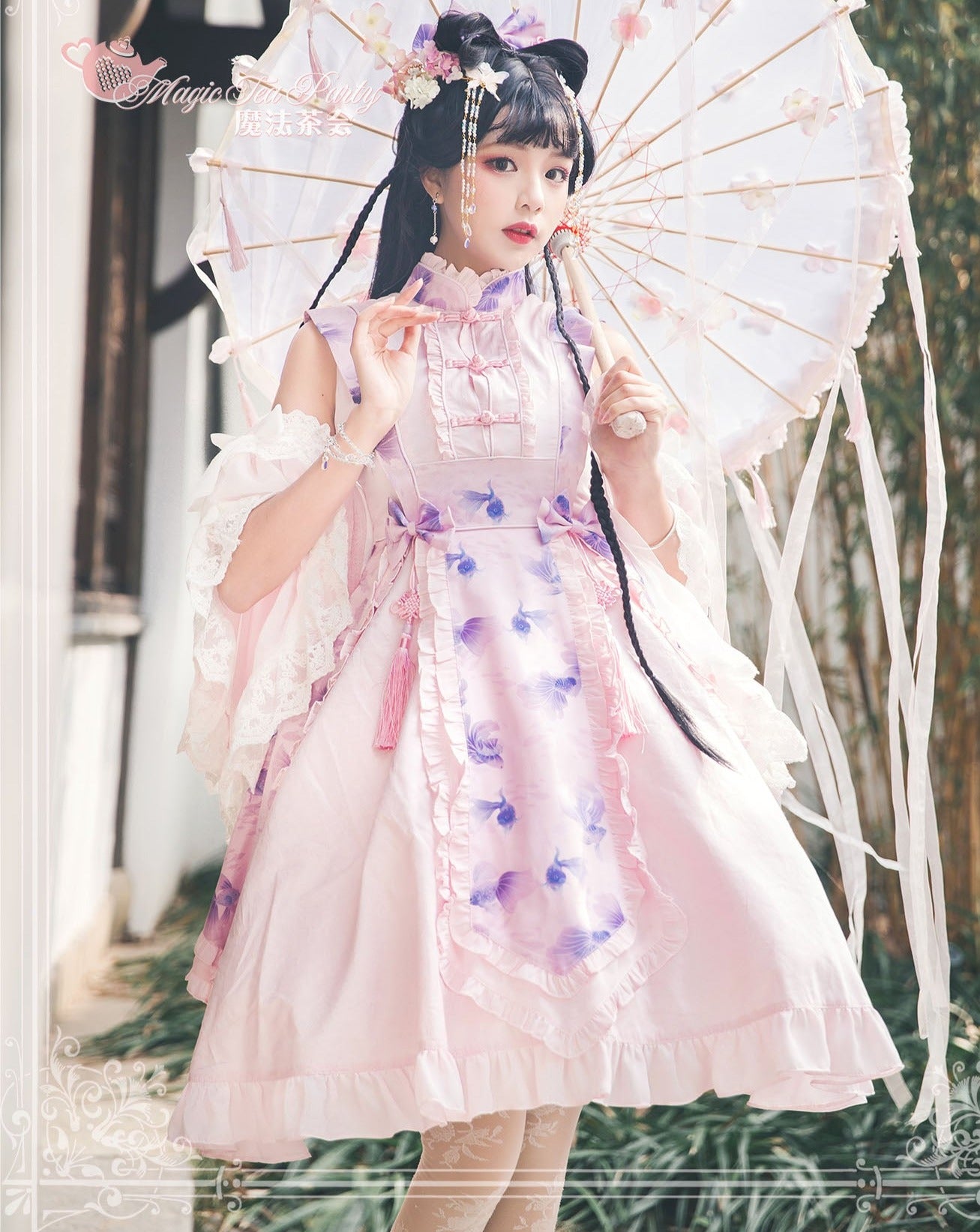 Yumemiru Goldfish Flower Lolita Dress with Arm Sleeves and Hair Accessories