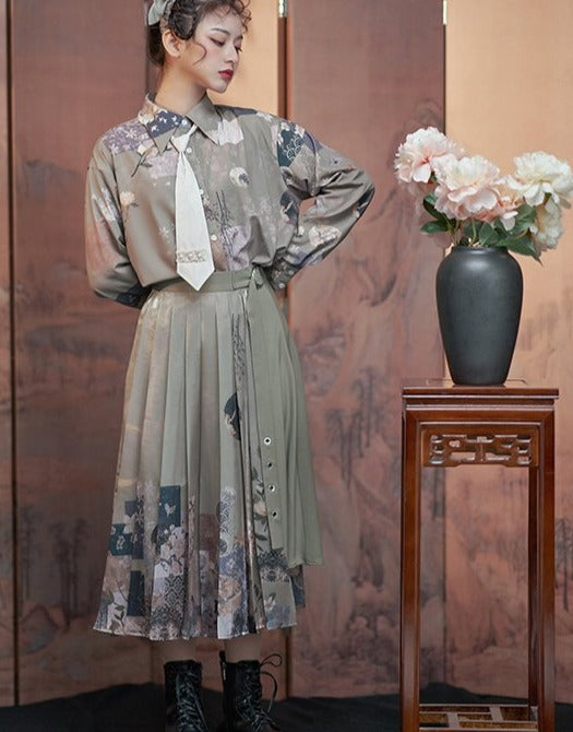 Moonlight flower Japanese style print pleated skirt Japanese loli