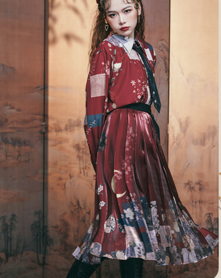 Moonlight flower Japanese style print pleated skirt Japanese loli